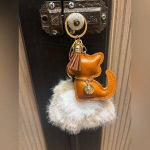Orange Cat Keychain with Faux Fur Paw Pom Pom and tassel.